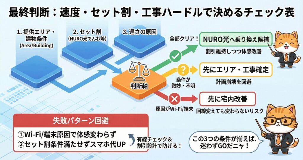 NURO光への乗り換えを最終判断するために、提供エリア・セット割条件・速度低下の原因をチェックし、乗り換え可否や事前対応（工事確定・宅内改善）を判断するチェック表の図。
