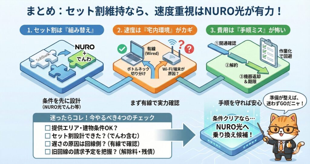 セット割を維持しつつ速度重視でNURO光を選ぶ判断ポイントを、セット割の組み替え・宅内環境の確認・手順ミス回避の3点と最終チェックリストでまとめた図。
