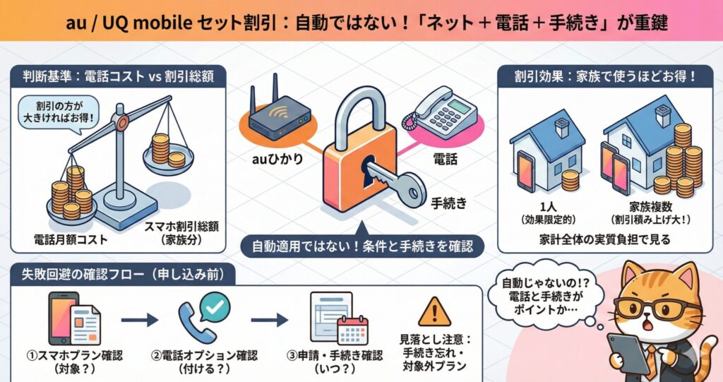 au／UQ mobileのセット割引は自動適用ではなく、ネット回線・固定電話オプション・手続きが必要で、電話コストと割引総額の比較や家族人数による効果、申込前の確認フローを図解した説明画像
