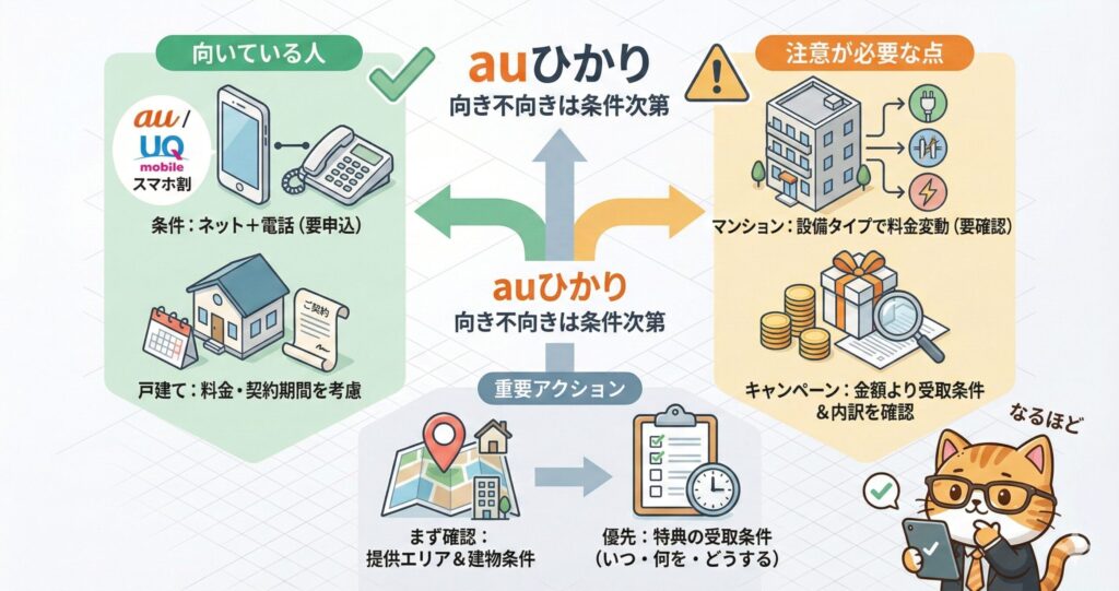 auひかりが向いている人・注意点・重要アクションを整理した比較図。スマホ割条件、建物タイプ、キャンペーン受取条件を確認し、提供エリアと建物条件を優先して判断する流れを示すイラスト
