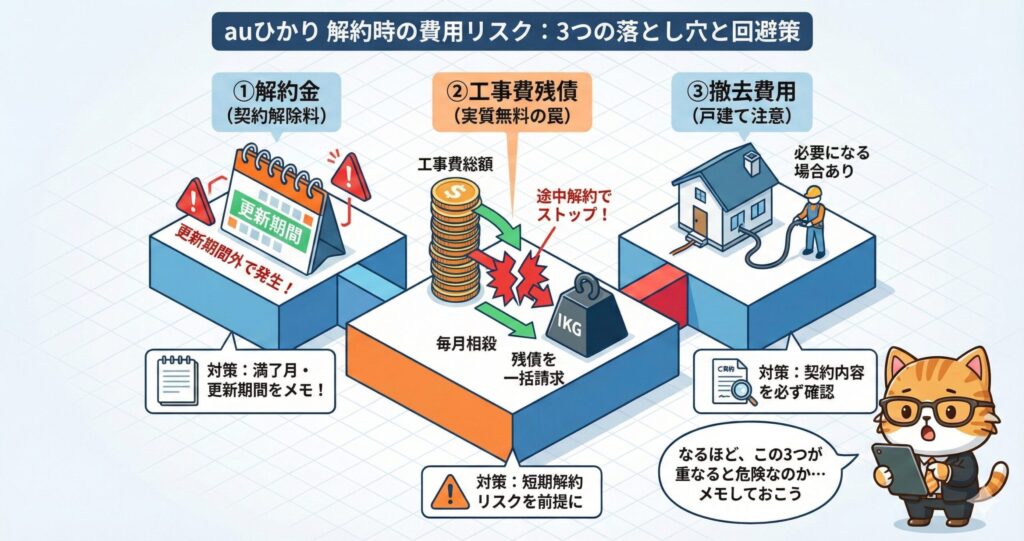 auひかり解約時に発生しやすい解約金・工事費残債・撤去費用の3つの費用リスクと、それぞれの注意点や回避策を図解した説明画像
