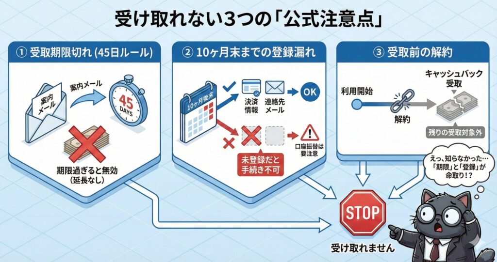 NURO光公式キャッシュバックで受け取れない原因を示す図解。①案内メール後45日以内に口座指定しないと無効、②利用開始から10ヶ月末までに決済情報や連絡先メールを登録しないと手続き不可、③キャッシュバック受取前に解約すると残りは対象外になる、という3つの公式注意点をまとめて解説している。
