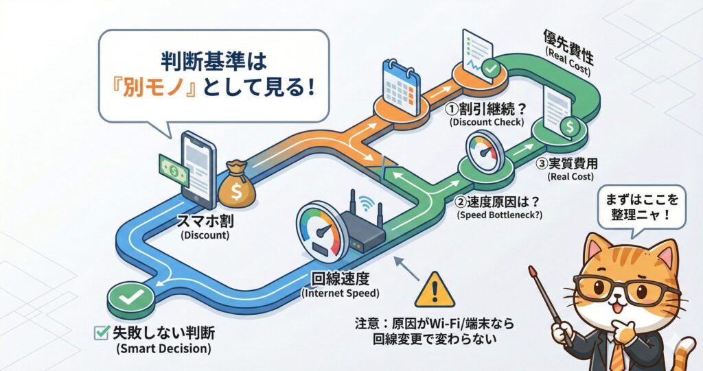 スマホ割・回線速度・割引継続・実質費用の3点で光回線を比較し、失敗しない判断基準を示した図解。
