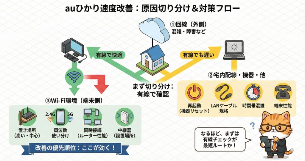 auひかりの速度が遅い原因を回線・宅内配線・Wi-Fi環境に切り分け、有線チェックを起点に再起動やLAN規格、時間帯混雑、端末性能などの対策を整理した改善フロー図
