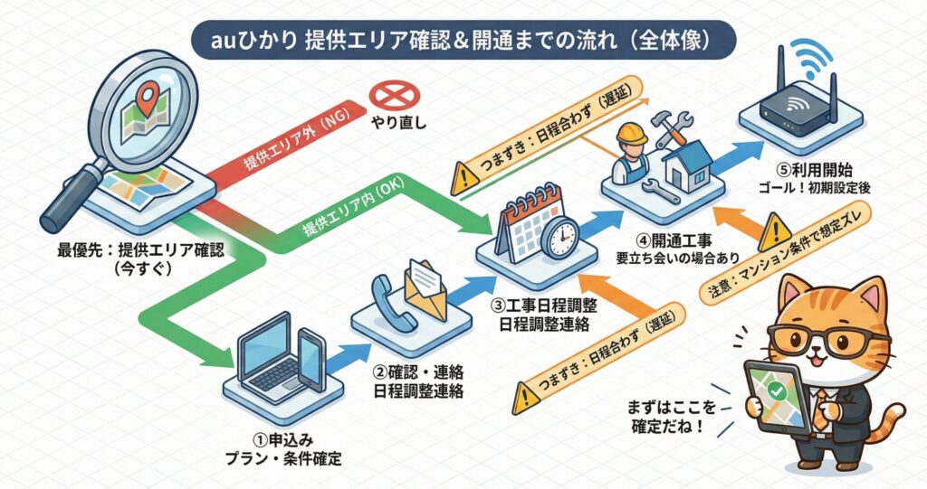 auひかりの提供エリア確認から申込み、日程調整、開通工事、利用開始までの全体の流れと、エリア外・日程調整つまずき・マンション条件による遅延注意点を示した図解
