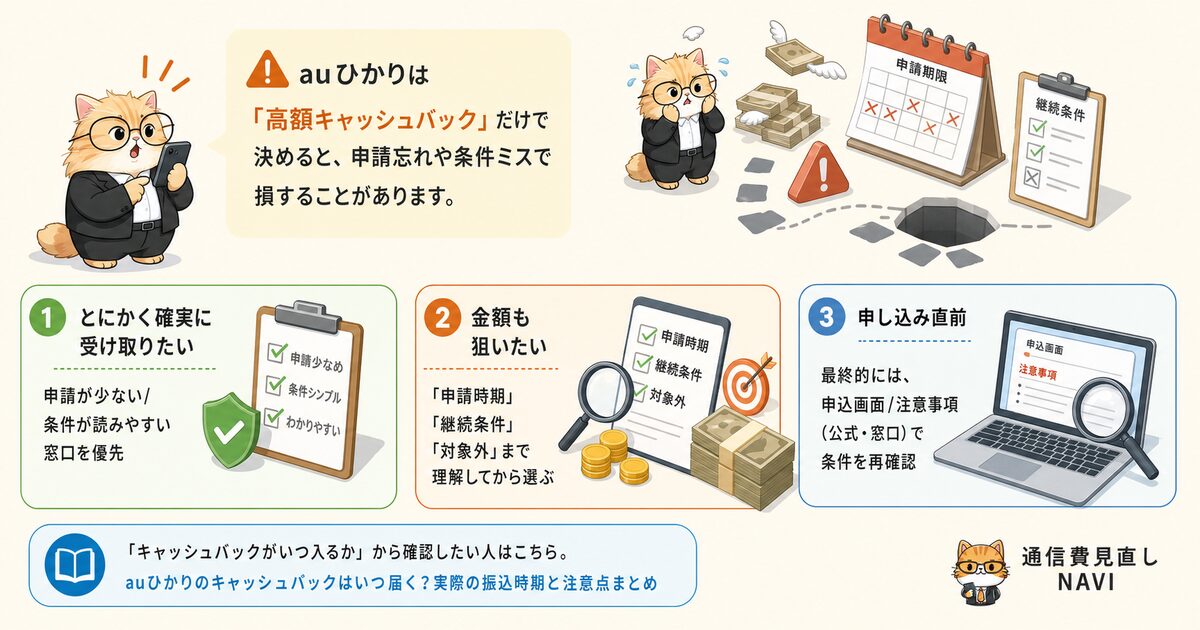 auひかりの申し込み窓口（公式・プロバイダ・代理店）と、キャッシュバック条件の落とし穴（申請期限・継続条件・開通期限）を整理した要約図解