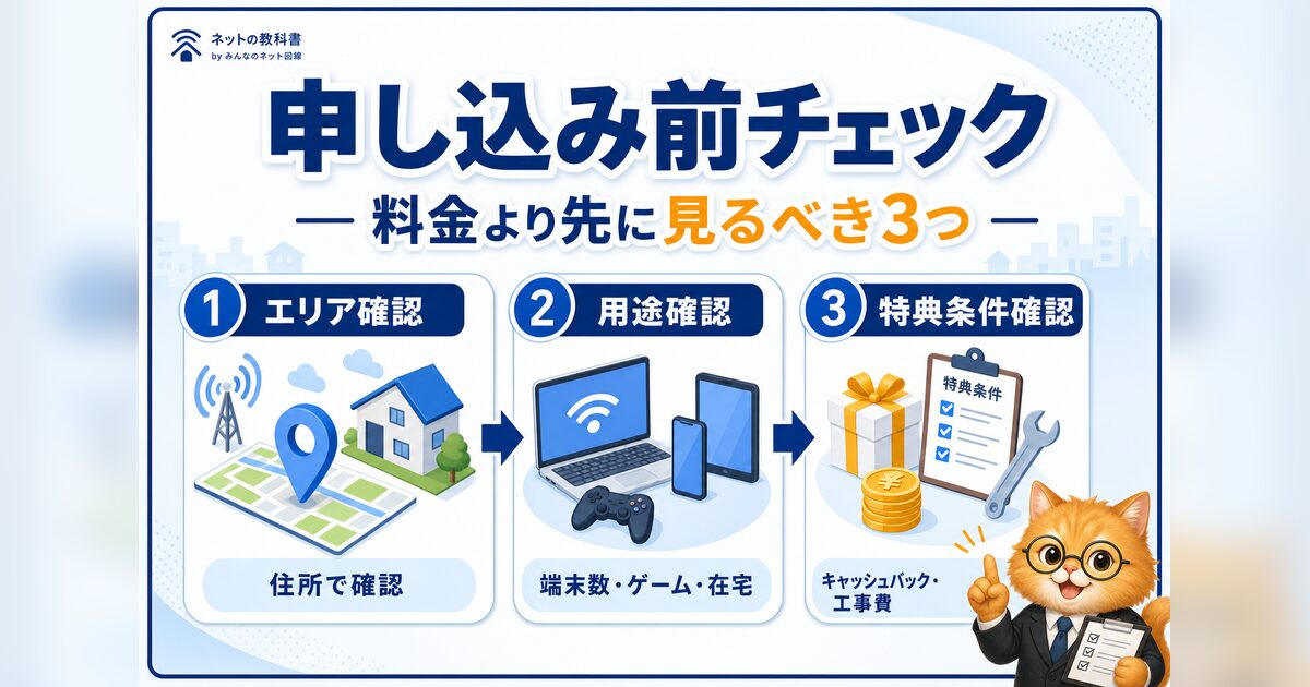 NURO光を申し込む前にエリア・用途・特典条件を確認する流れを整理した図解
