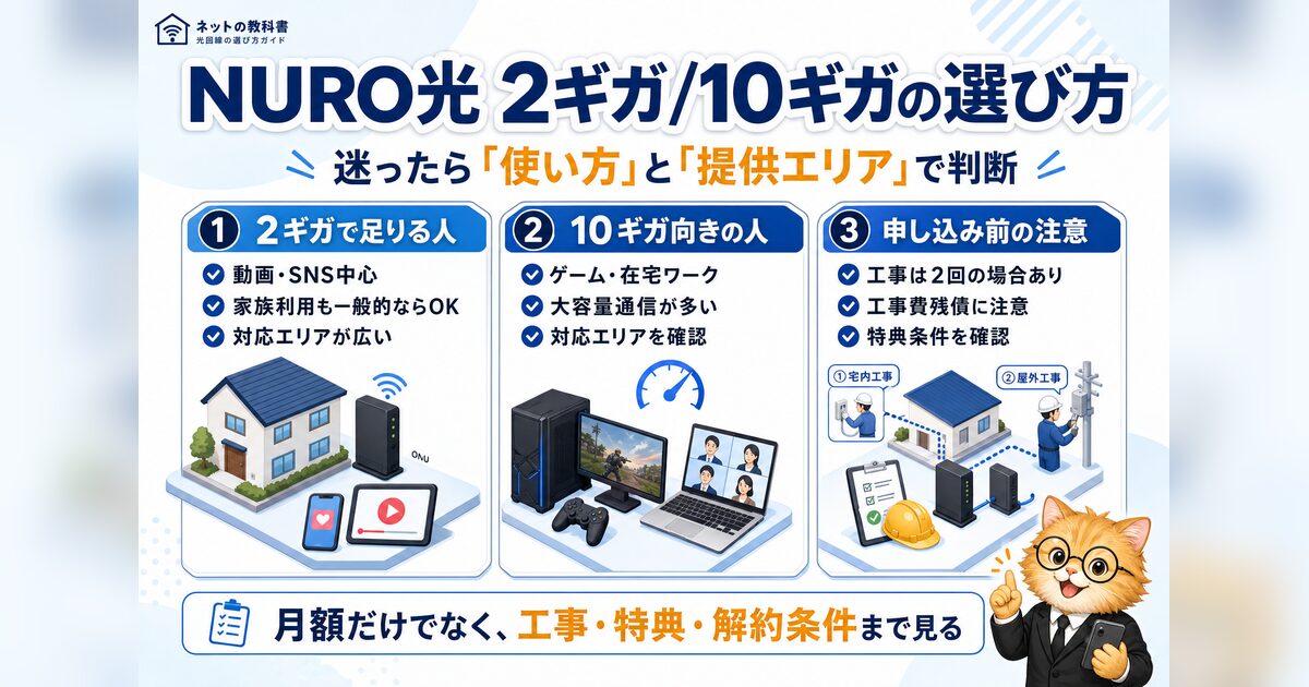 NURO光の2ギガと10ギガの選び方を使い方・提供エリア・申し込み前の注意点で整理した図解