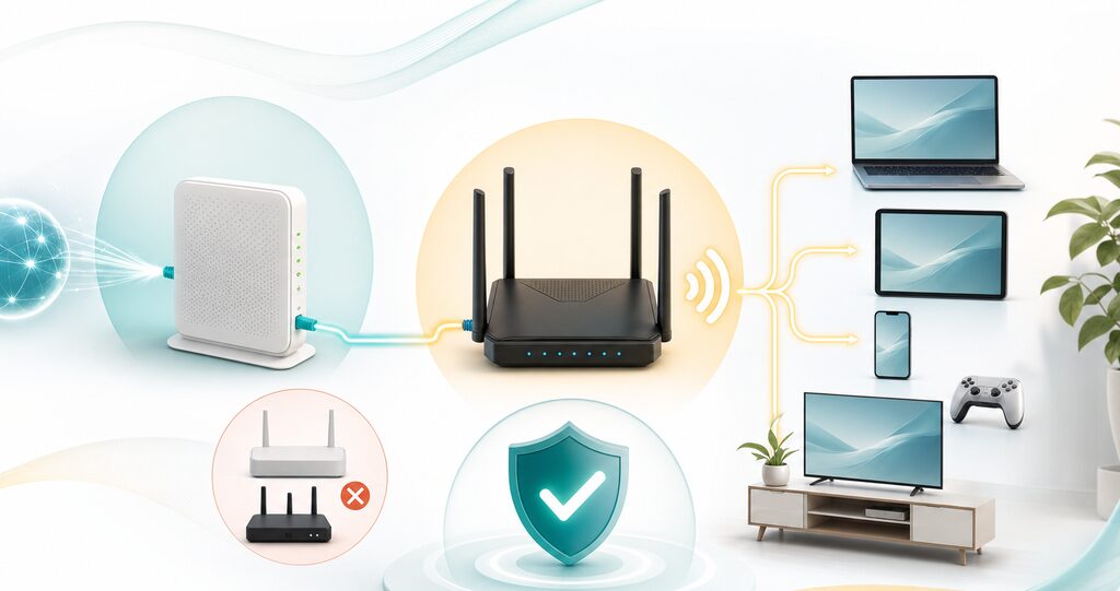 NURO光のONUから市販Wi-Fiルーターを経由してスマホやPC、ゲーム機へ接続する流れを示す画像。