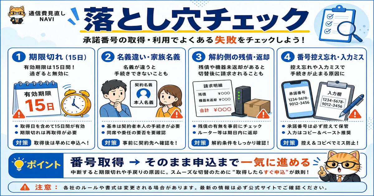 承諾番号の期限切れや名義違いなど、乗り換えで詰まりやすい落とし穴を避けるチェック図解。