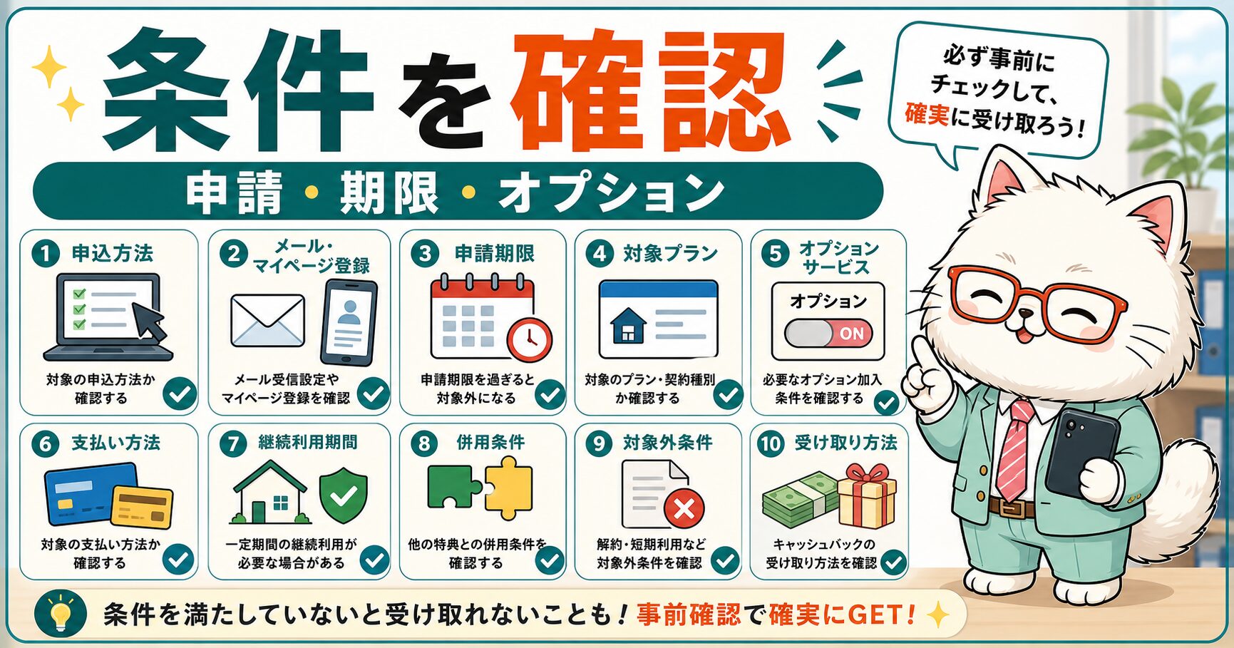 auひかりキャッシュバック条件で見るべき項目を説明する要約画像