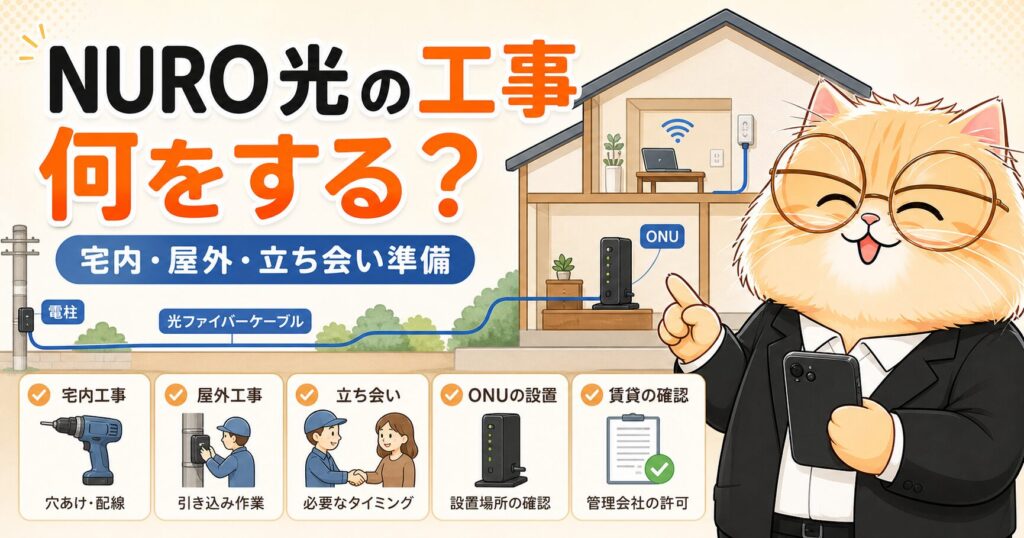 NURO光の工事内容と立ち会い準備を説明する猫キャラクター入りアイキャッチ画像