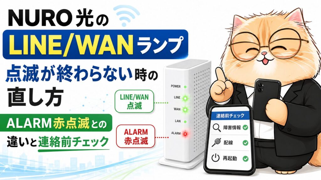 NURO光のLINE/WANランプ点滅が終わらない時の直し方を示すアイキャッチ