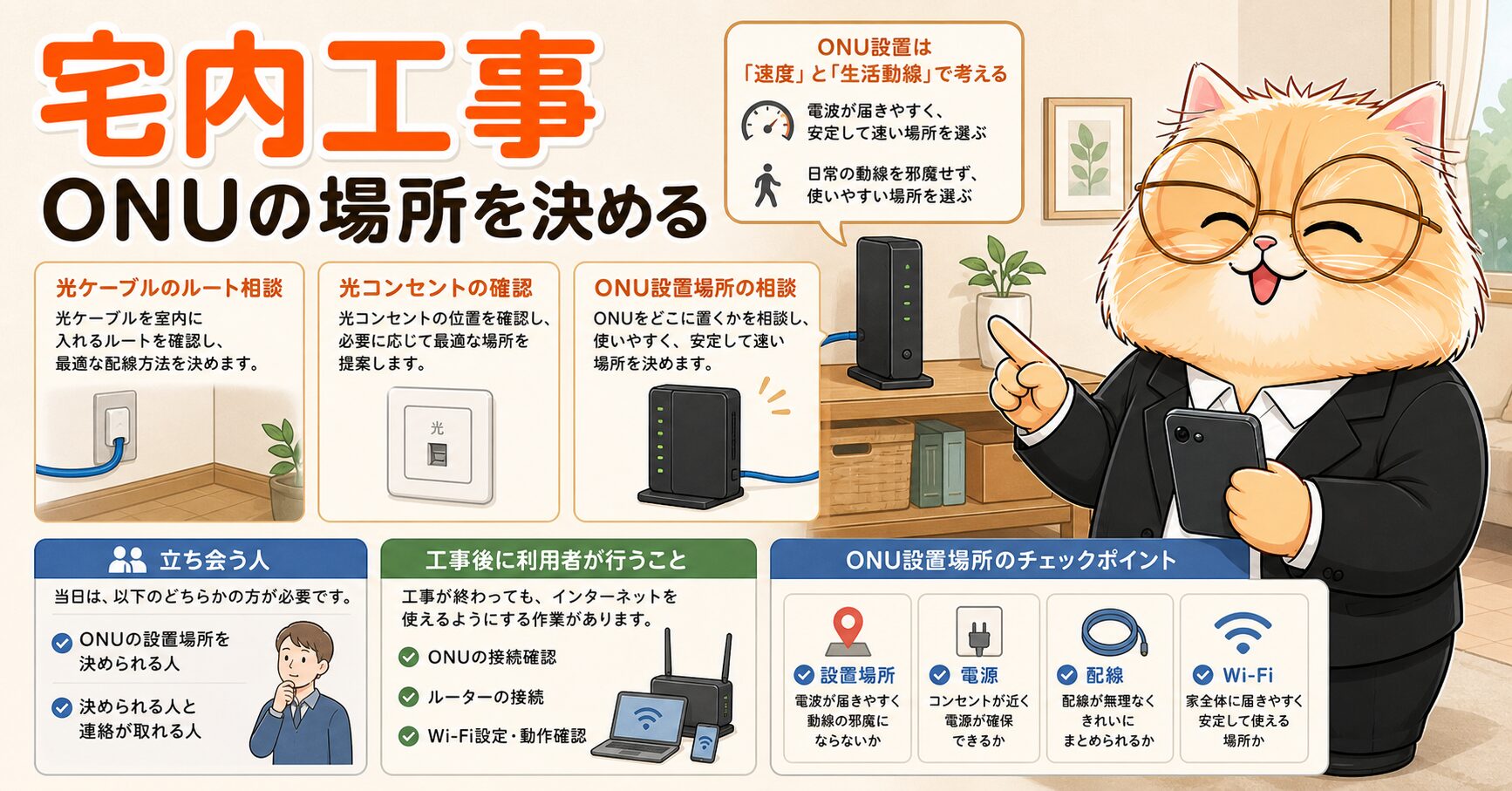 宅内工事で確認するポイントの要約画像