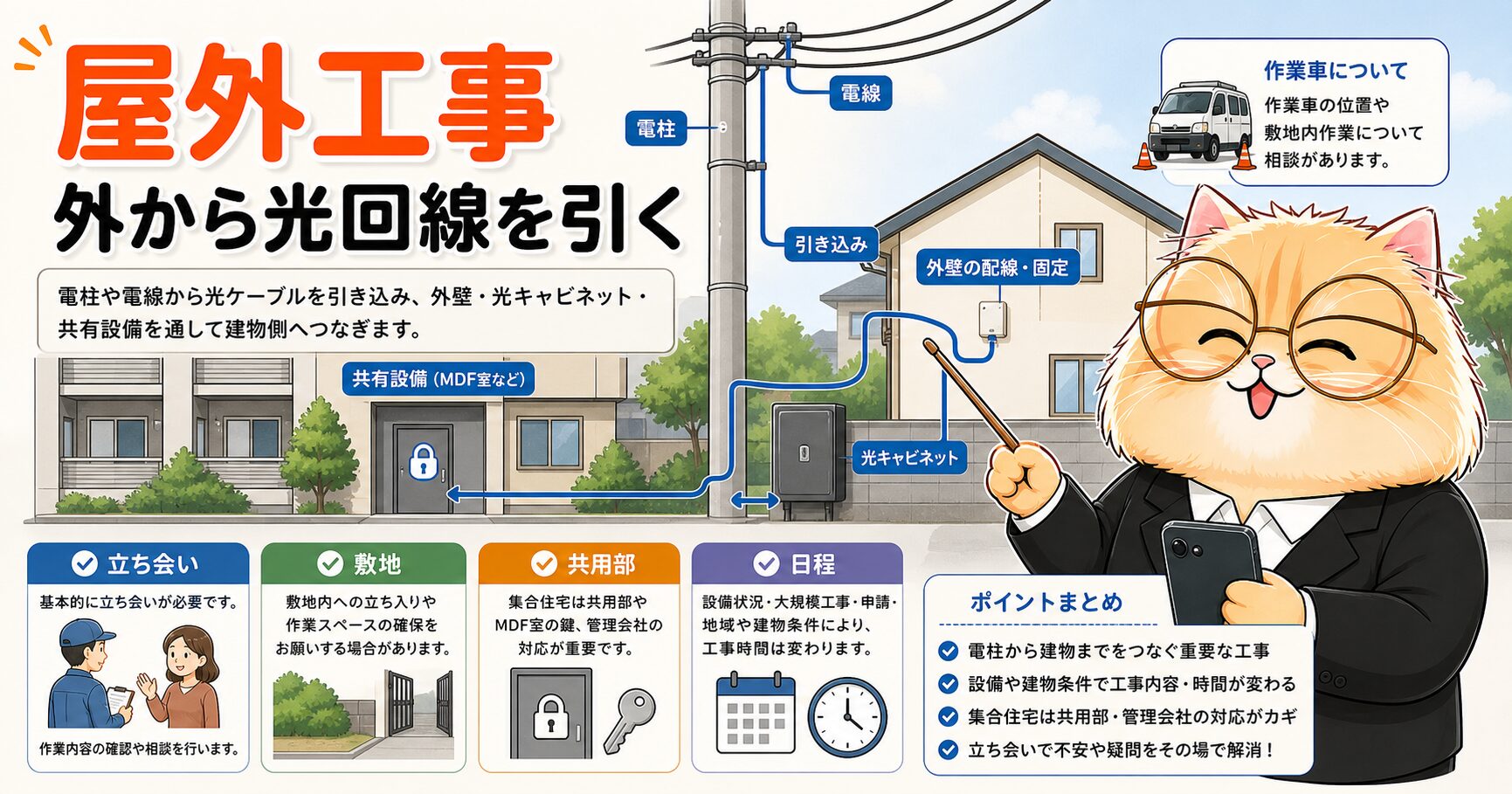 屋外工事で確認するポイントの要約画像