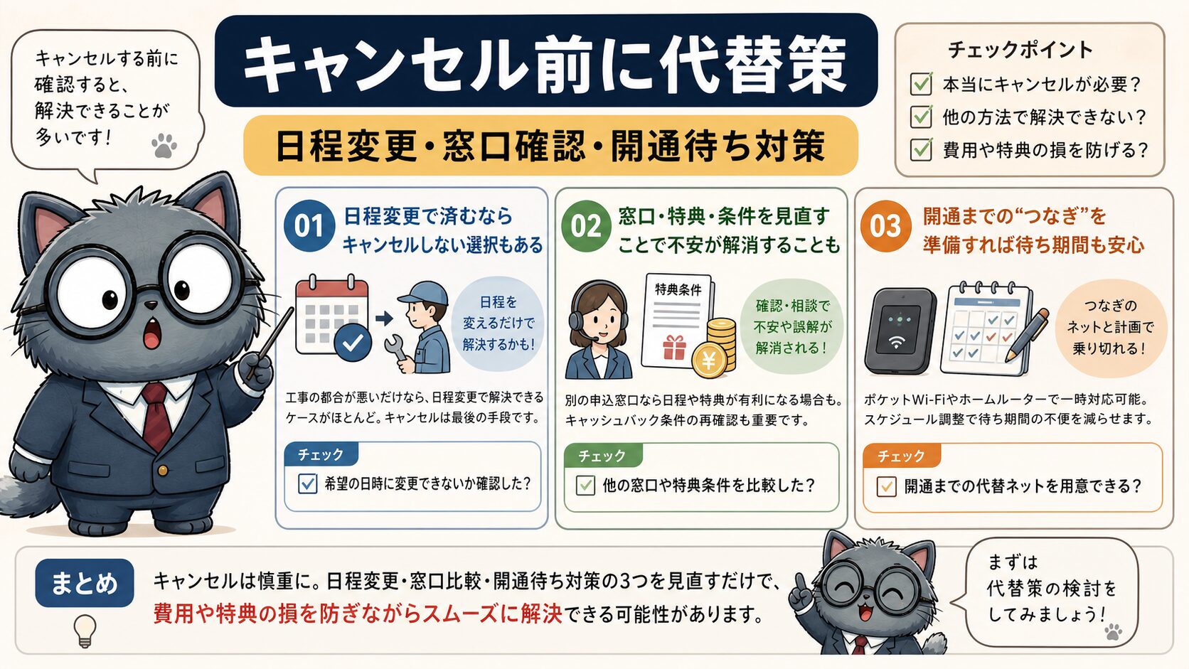 NURO光をキャンセルする前に日程変更、窓口確認、開通待ち対策を確認する要約画像