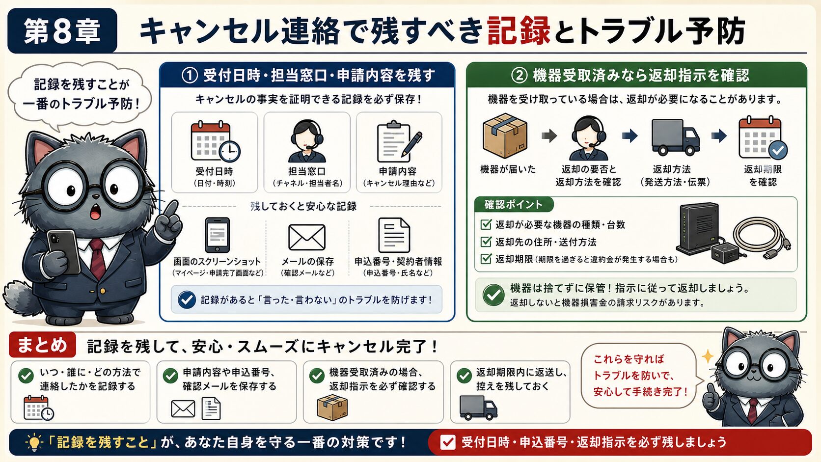NURO光のキャンセル連絡で受付日時、申込番号、返却指示を記録する要約画像