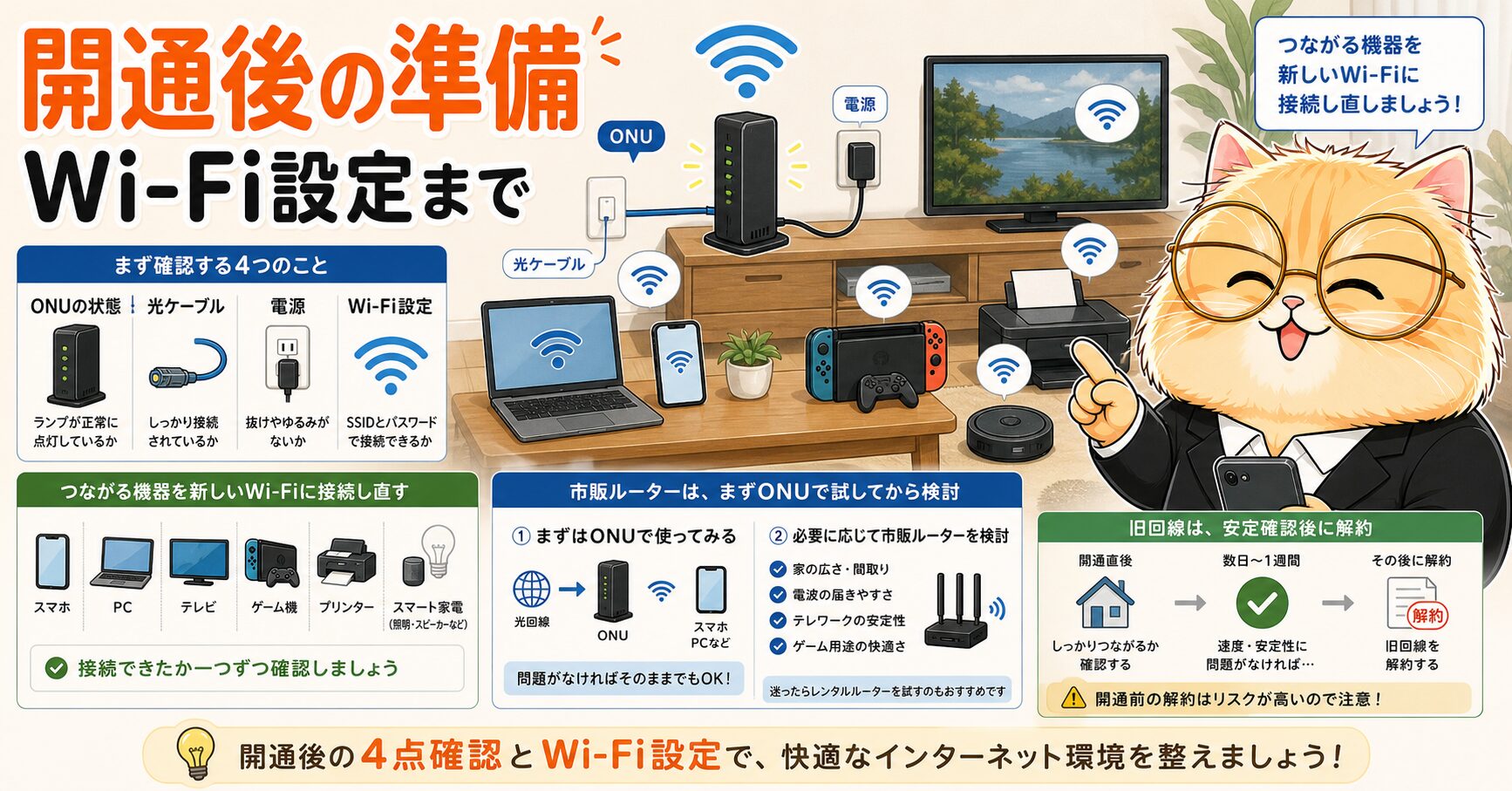 開通後のONUとWi-Fi準備を説明する要約画像