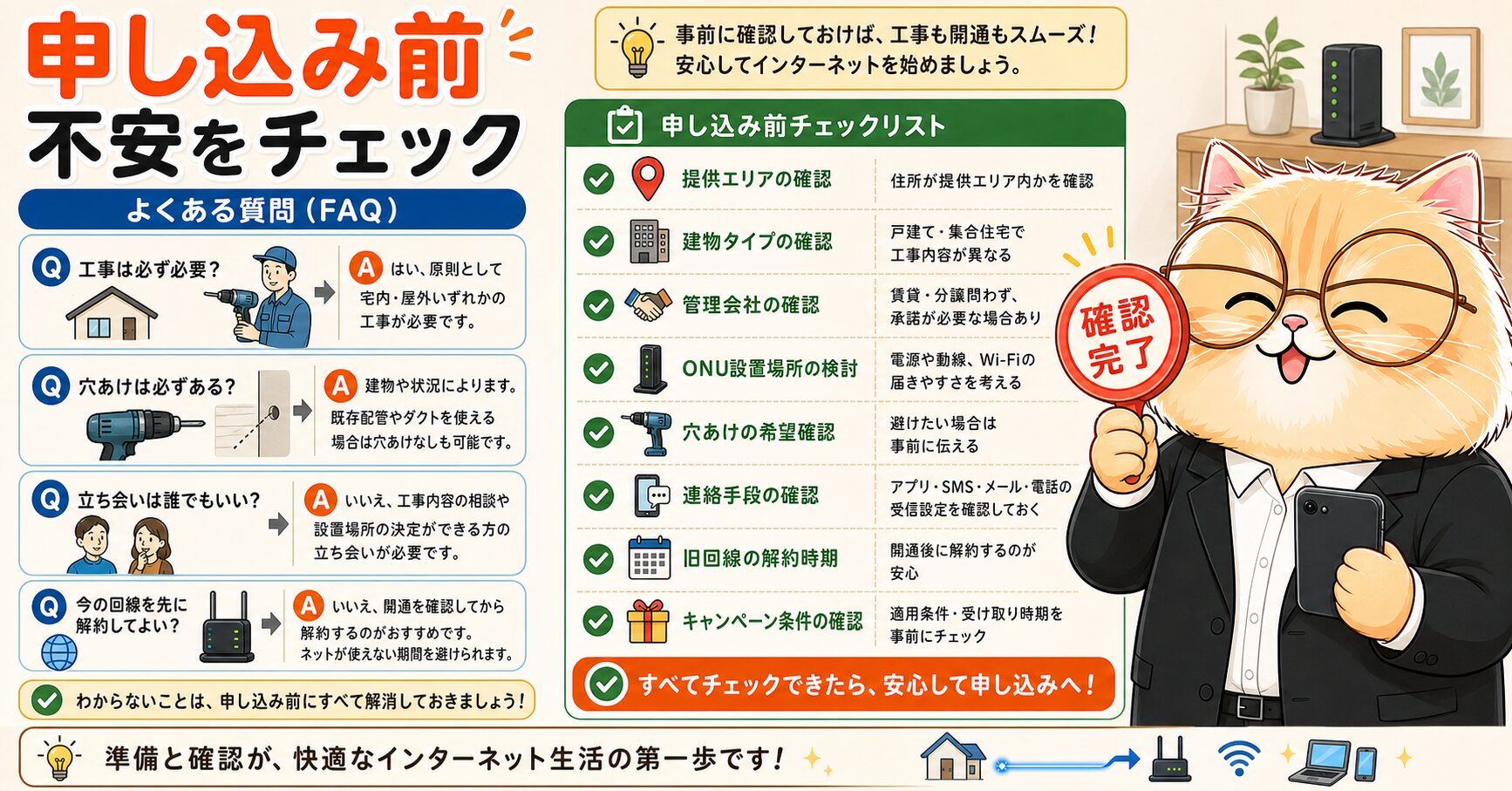 NURO光工事のFAQと申し込み前チェックを説明する要約画像