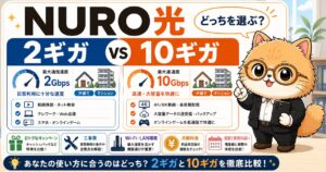 NURO光2ギガと10ギガの選び方を説明するキャラクター入りアイキャッチ
