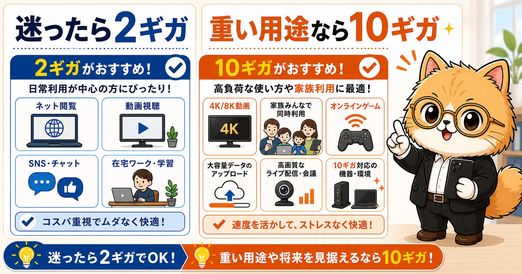 NURO光は迷ったら2ギガ重い用途なら10ギガを説明する要約画像