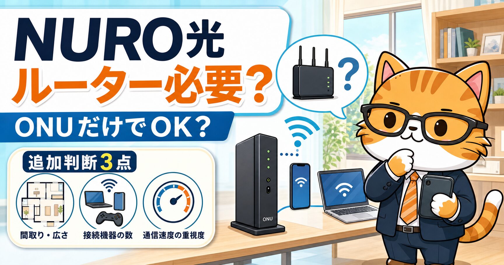 NURO光に市販ルーターは必要かを示すアイキャッチ画像。オレンジのオフィス猫がONUとWi-Fiの判断ポイントを案内している。