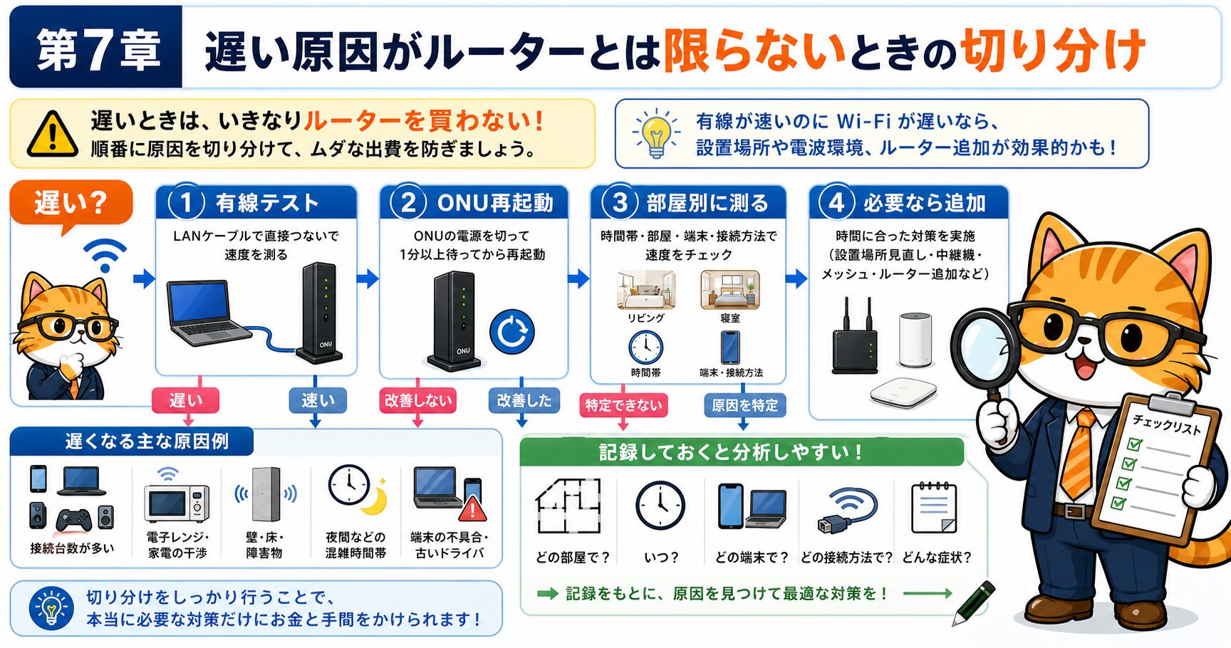 NURO光が遅いときに市販ルーター購入前に有線テストやONU再起動で原因を切り分ける要約画像。