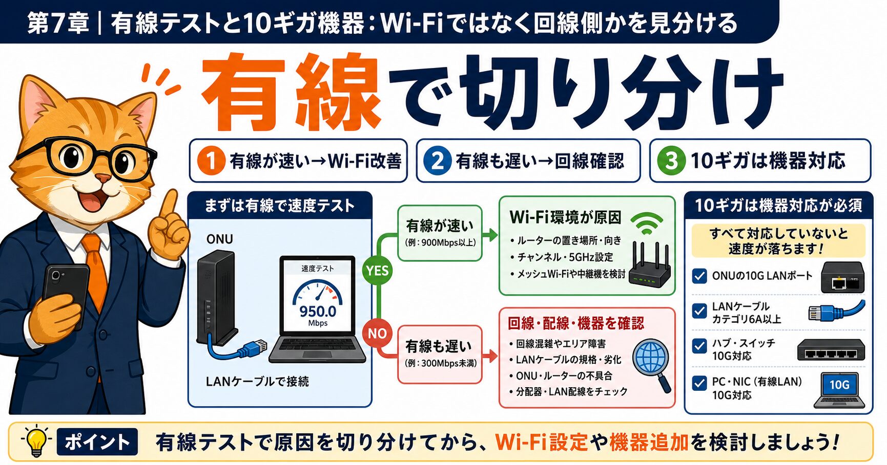 NURO光の有線テストと10ギガ対応機器を確認する要約画像