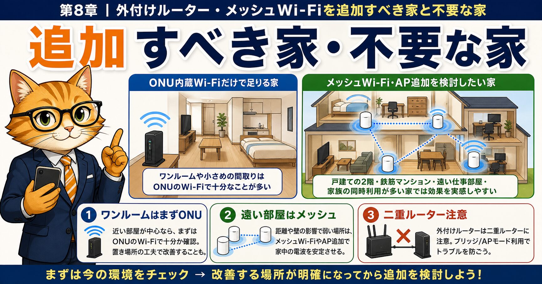 NURO光で外付けルーターやメッシュWi-Fiを追加すべき家を整理する要約画像