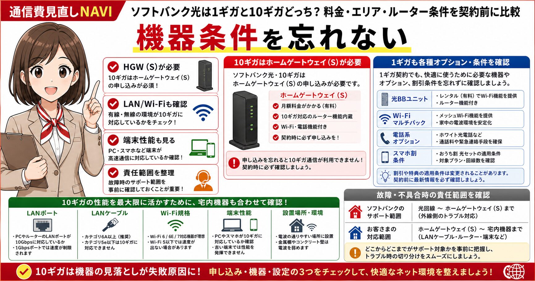 ソフトバンク光10ギガのホームゲートウェイと宅内機器条件を整理した要約画像