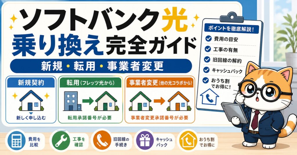 ソフトバンク光の乗り換え完全ガイドを説明するキャラクター入りアイキャッチ
