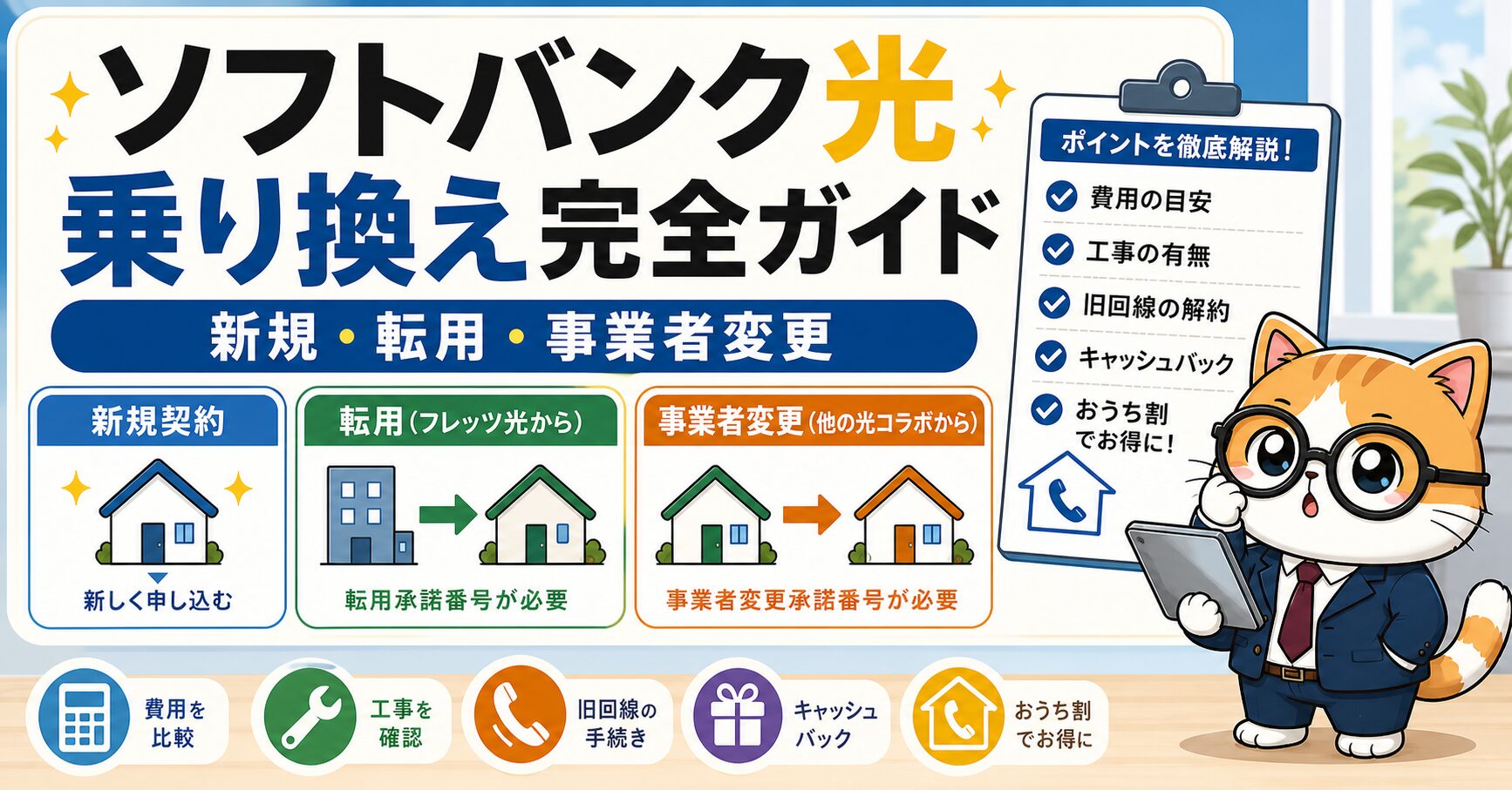 ソフトバンク光の乗り換え完全ガイドを説明するキャラクター入りアイキャッチ