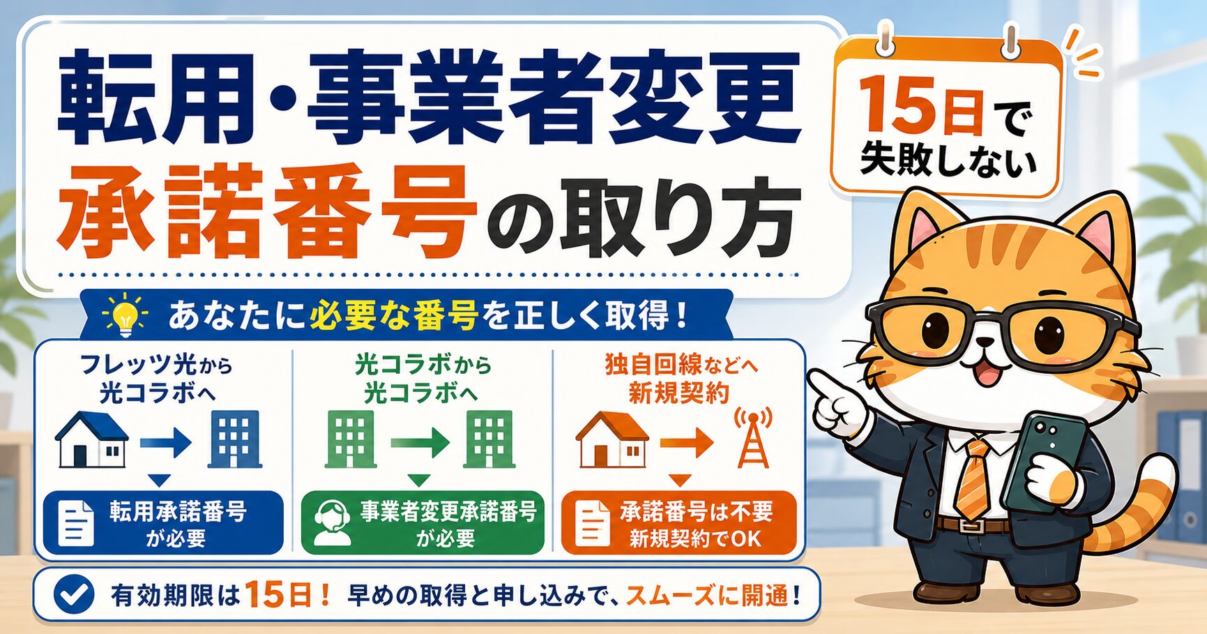 転用承諾番号と事業者変更承諾番号の取り方を説明するタビーオフィスキャットのアイキャッチ
