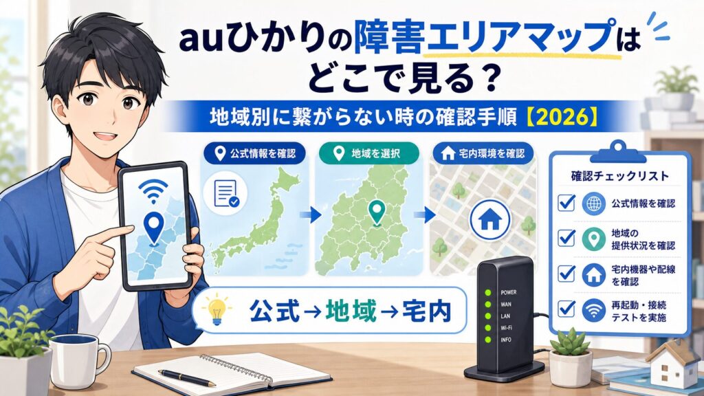 auひかりの障害エリアマップと地域別確認手順のアイキャッチ