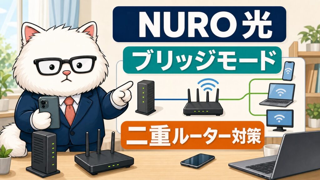 NURO光でルーターのブリッジモードと二重ルーター対策を案内するアイキャッチ