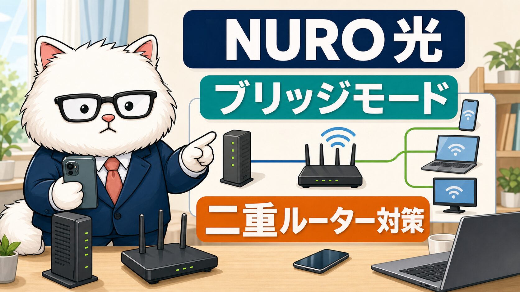 NURO光でルーターのブリッジモードと二重ルーター対策を案内するアイキャッチ