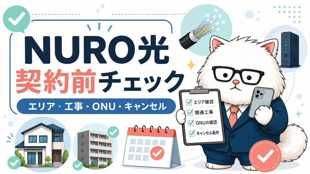 NURO光の契約前チェックをエリア・工事・ONU・キャンセルの順で確認するアイキャッチ画像