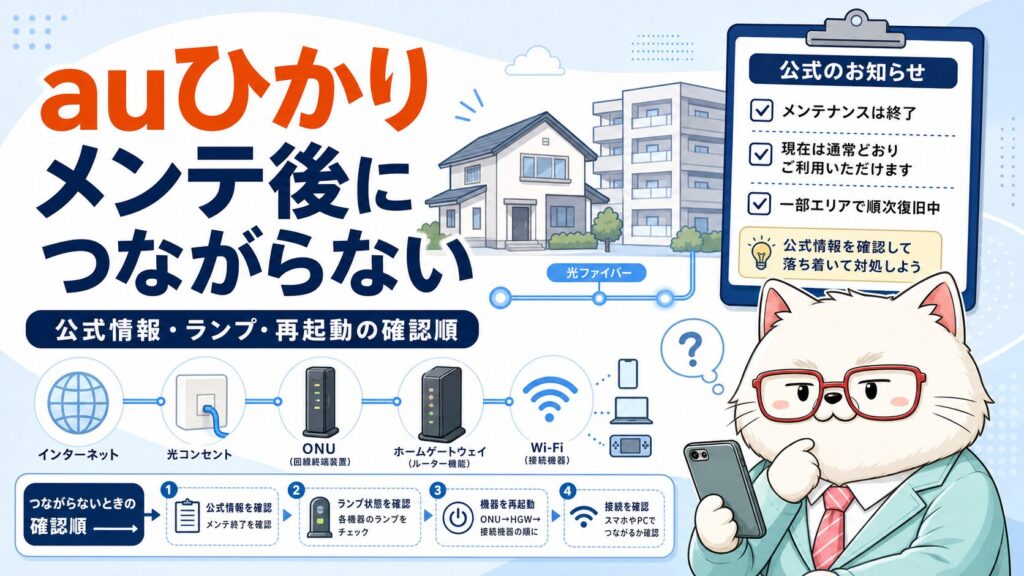 auひかりのメンテナンス後につながらない時の確認順をまとめたアイキャッチ