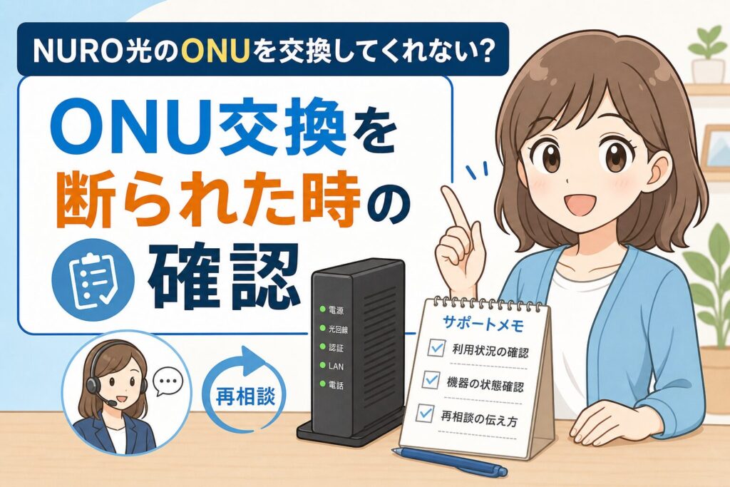 NURO光のONU交換を断られた時に確認するランプ、配線、再相談メモを整理したアイキャッチ