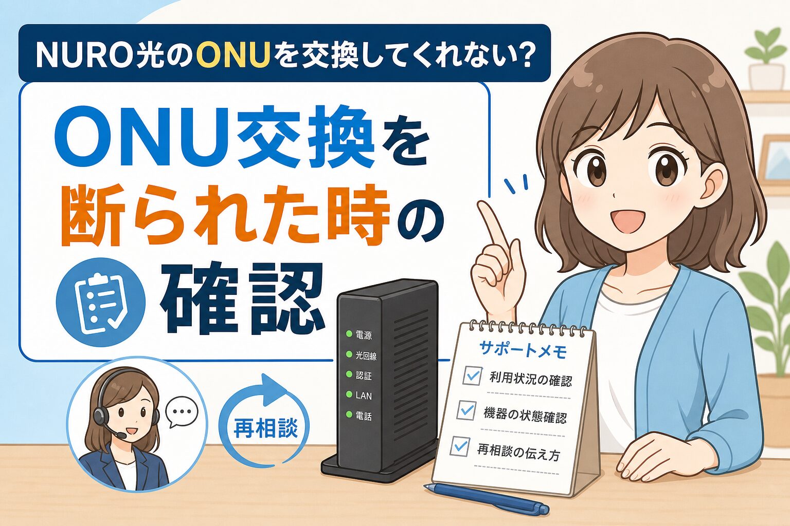 NURO光のONU交換を断られた時に確認するランプ、配線、再相談メモを整理したアイキャッチ