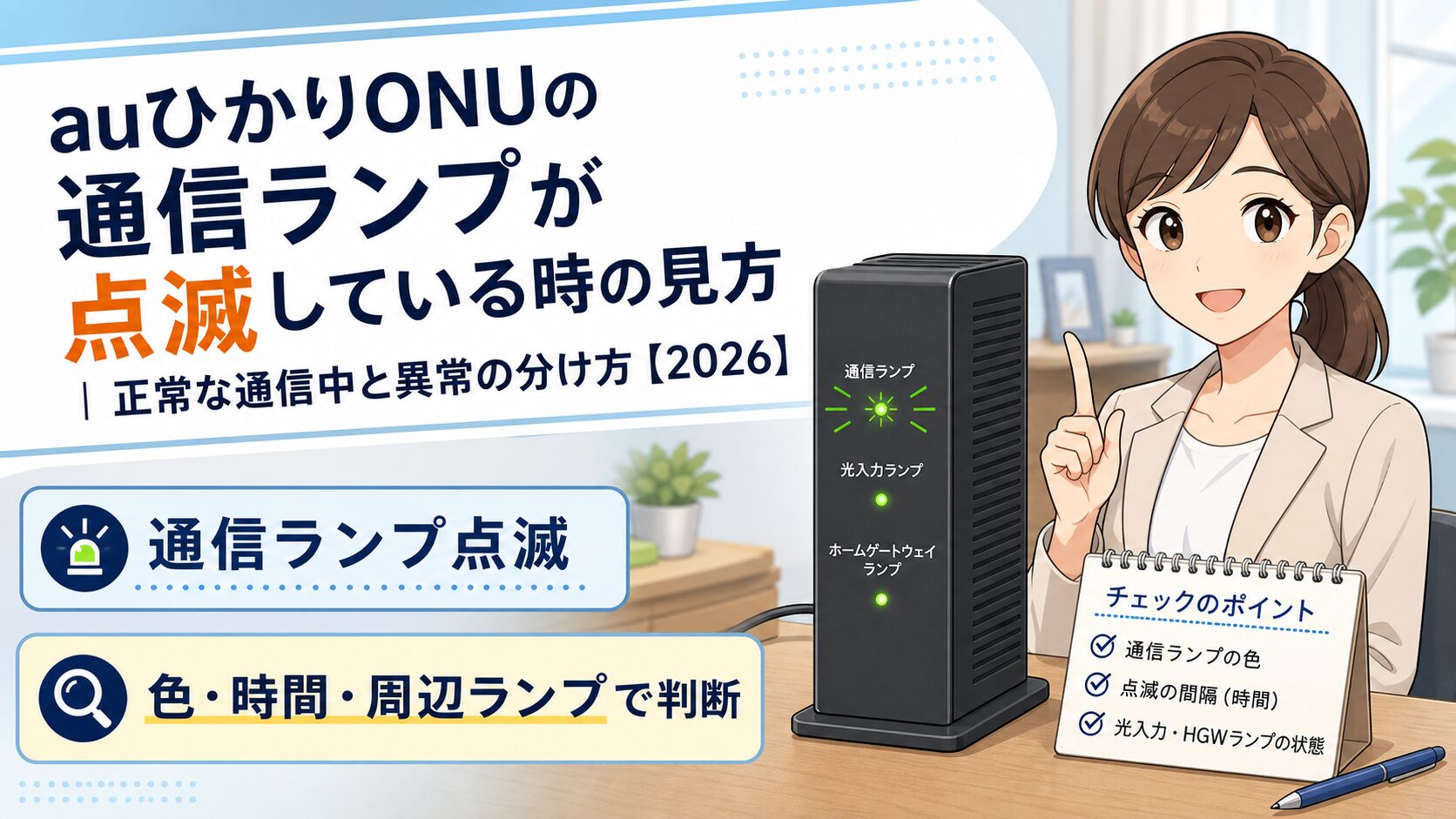 auひかりONUの通信ランプ点滅を色、時間、周辺ランプで判断するアイキャッチ