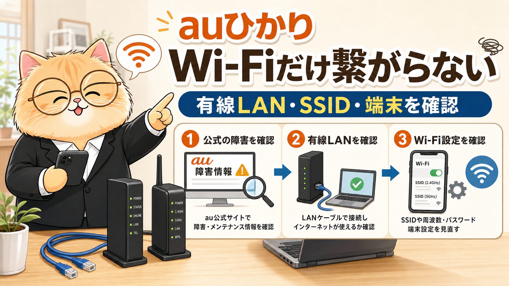 auひかりでWi-Fiだけ繋がらない時に有線LANとSSIDを確認する