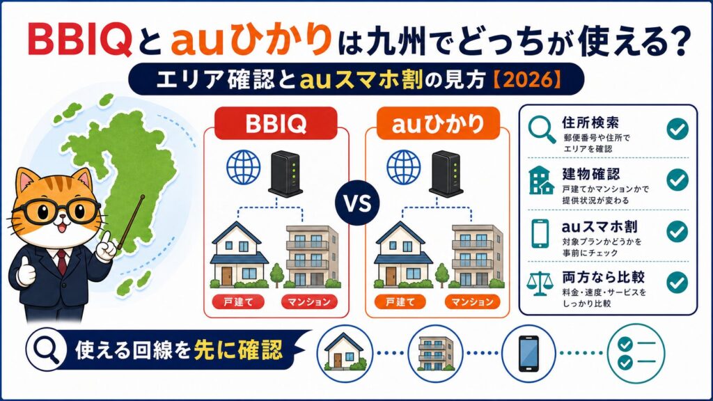 九州でBBIQとauひかりのエリア確認をするアイキャッチ