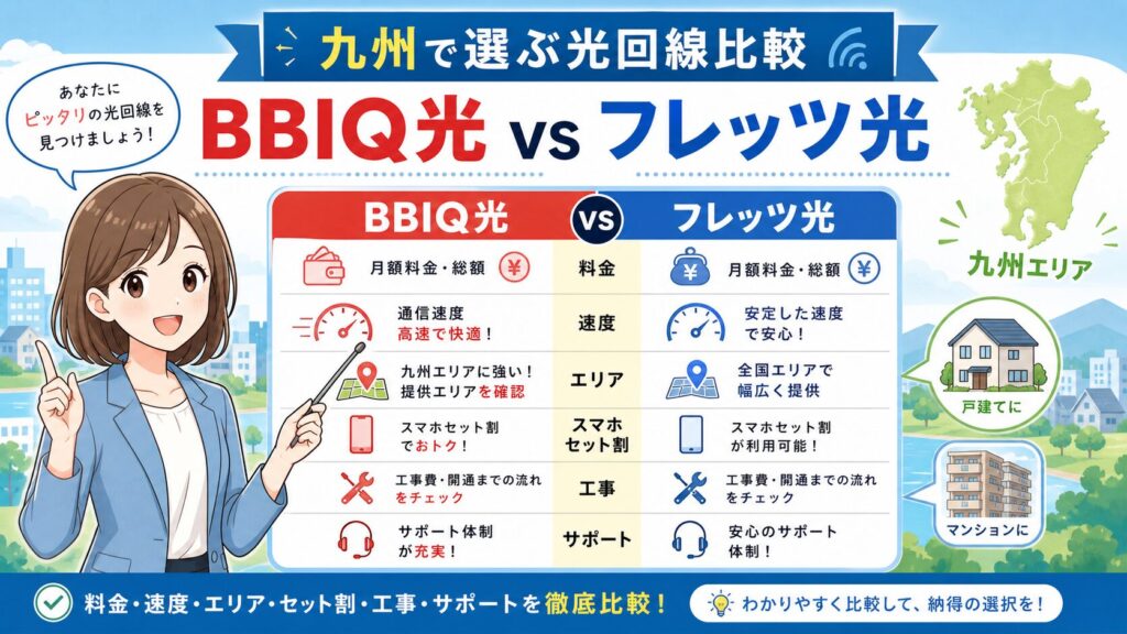 BBIQ光とフレッツ光を九州のエリア、料金、速度、建物条件で比較するアイキャッチ