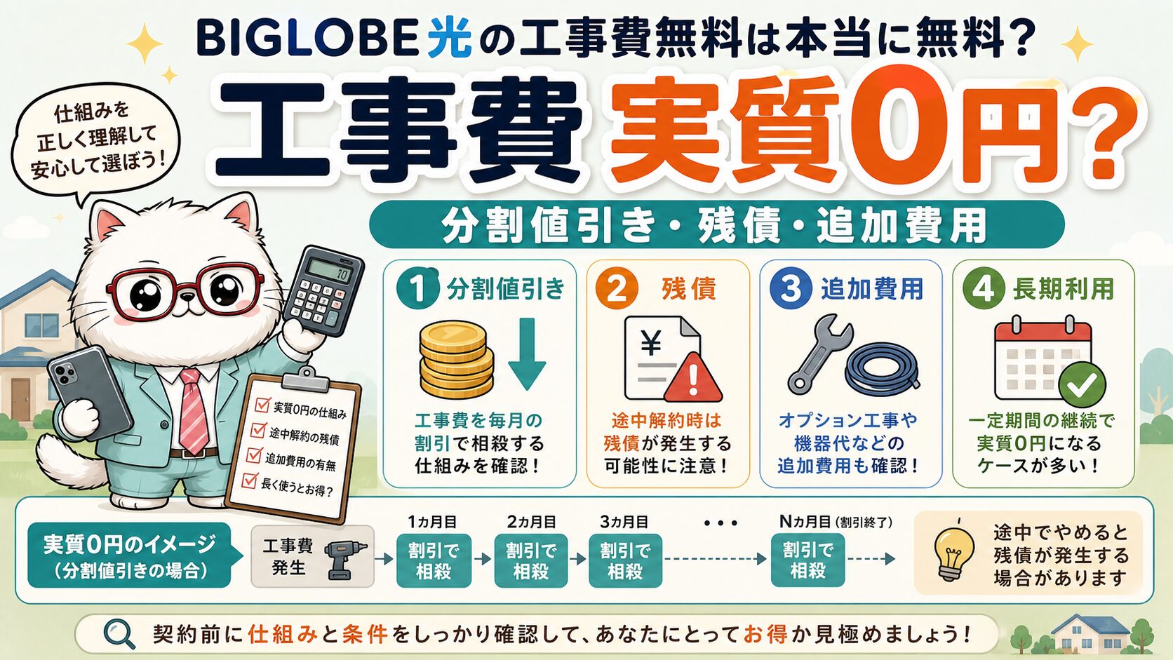 BIGLOBE光の工事費実質0円を残債と追加費用で判断する