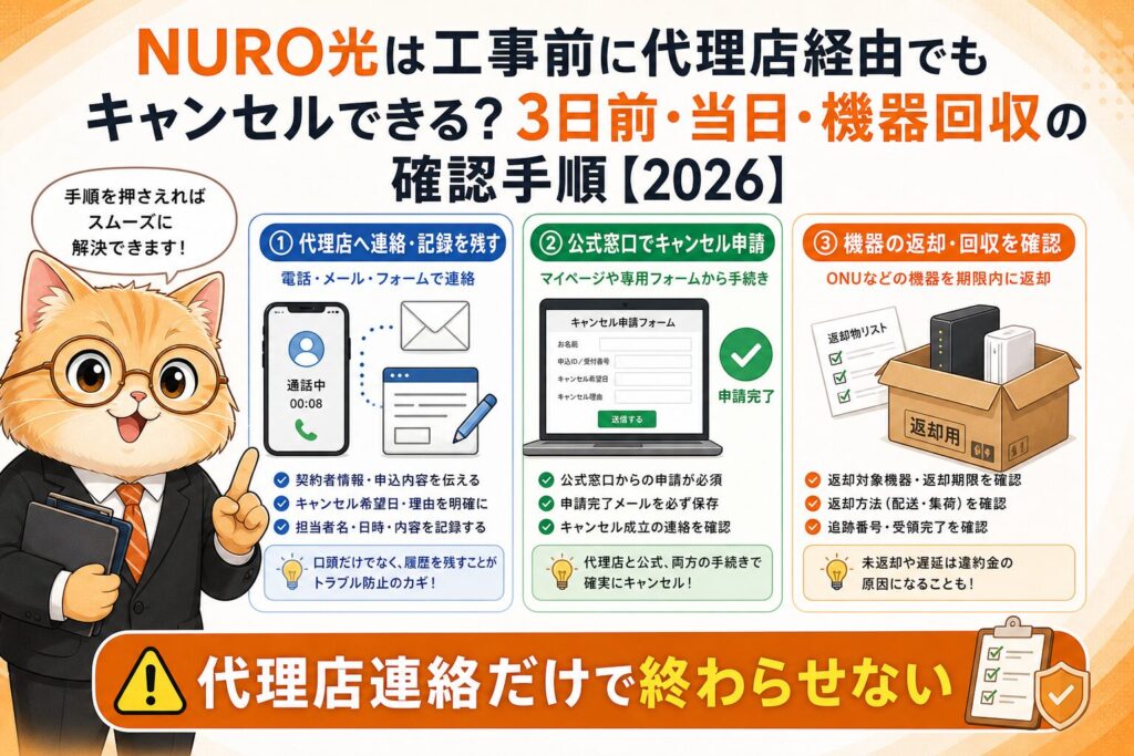 NURO光を工事前に代理店経由でもキャンセルする時の公式受付と機器回収の確認