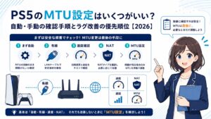 PS5のMTU設定を自動、有線、NAT、戻し方の順に確認するアイキャッチ