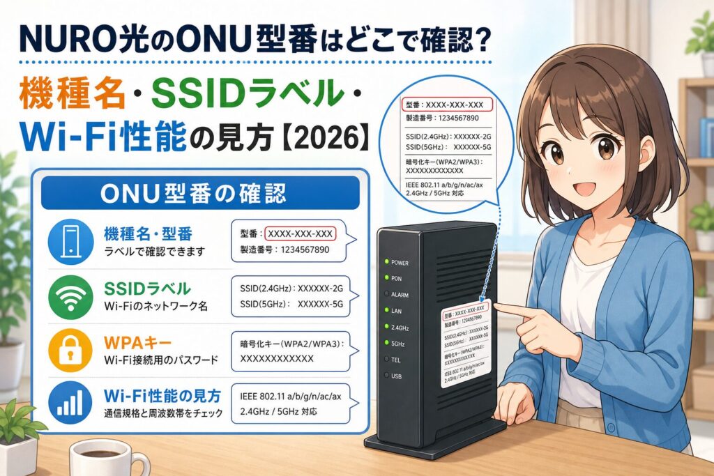 NURO光のONU型番、SSIDラベル、WPAキー、Wi-Fi性能の見方を確認するアイキャッチ