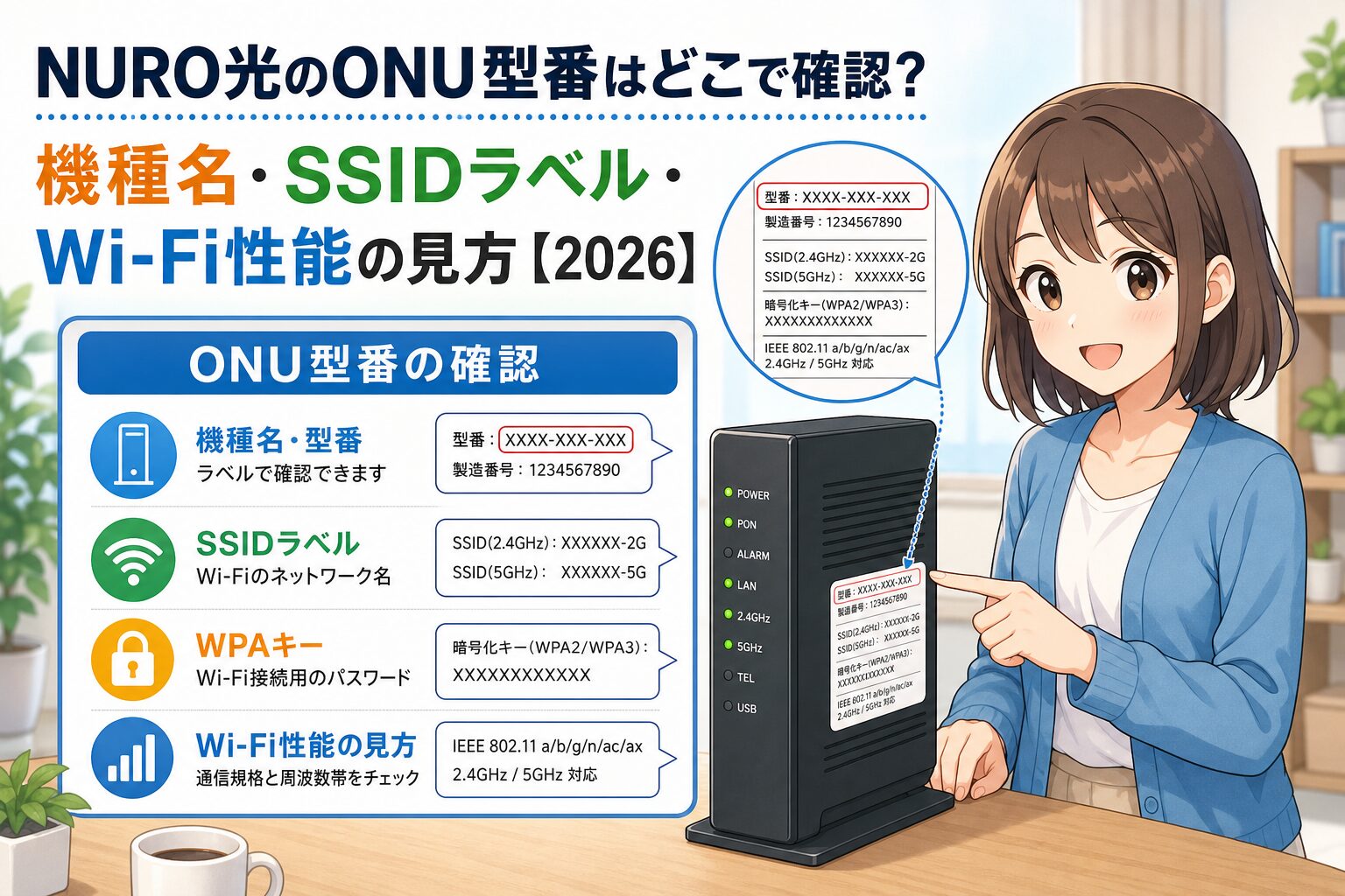 NURO光のONU型番、SSIDラベル、WPAキー、Wi-Fi性能の見方を確認するアイキャッチ