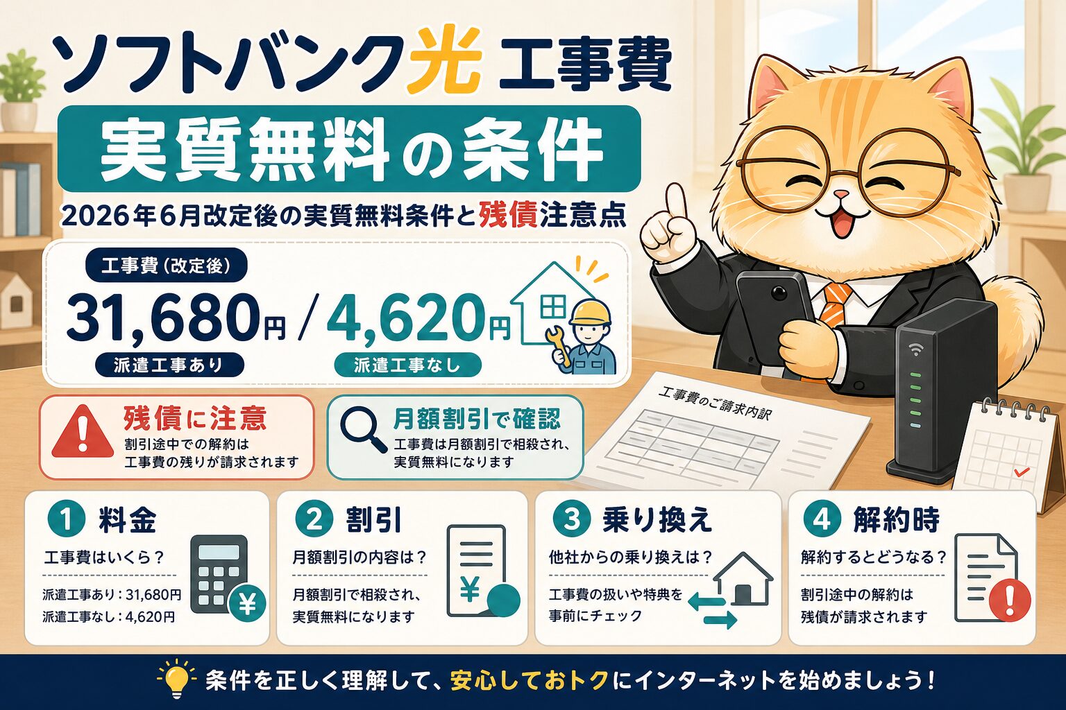 ソフトバンク光の工事費無料条件を料金と割引で確認する
